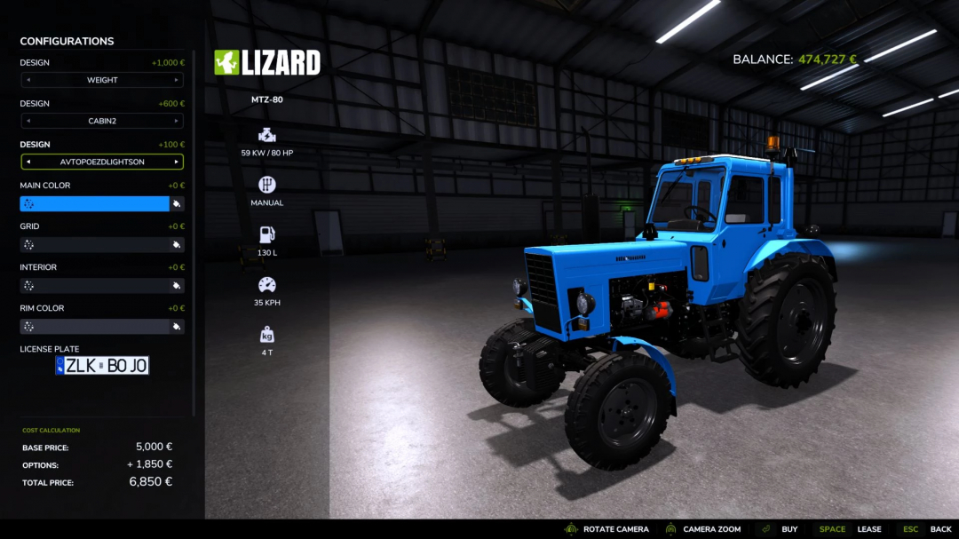 MTZ-80 mod for Farming Simulator 25 featuring configuration options like design, color, and cabin in a virtual garage.