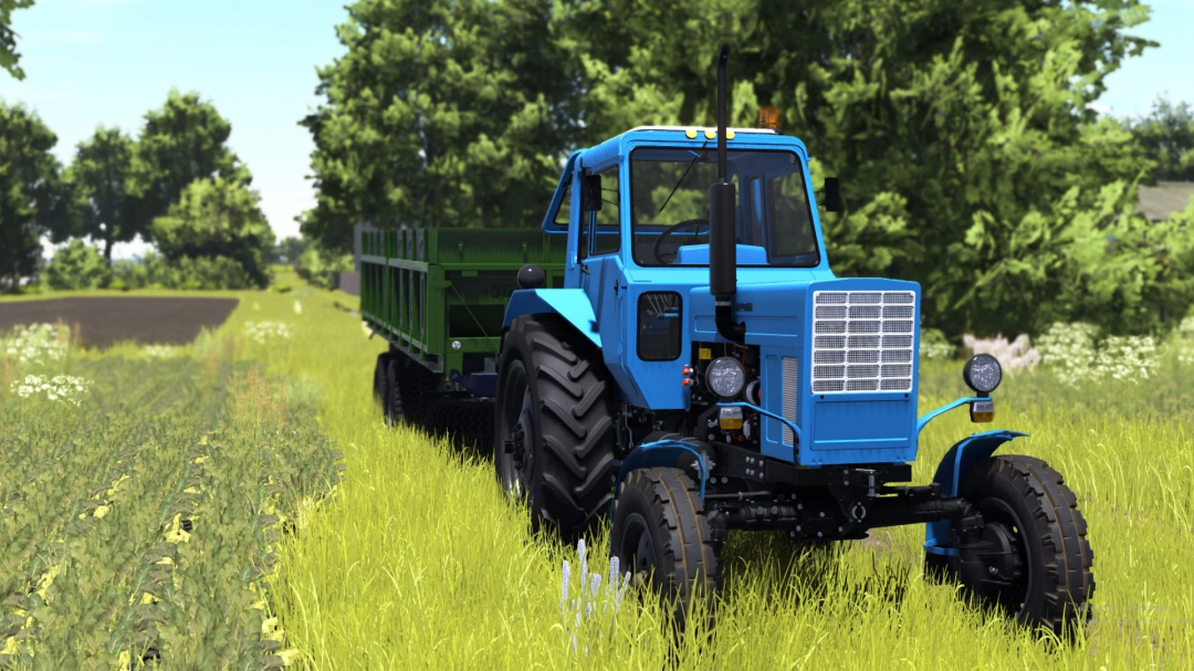 Blue MTZ-80 tractor mod in FS25 pulling a green trailer on a grassy path.