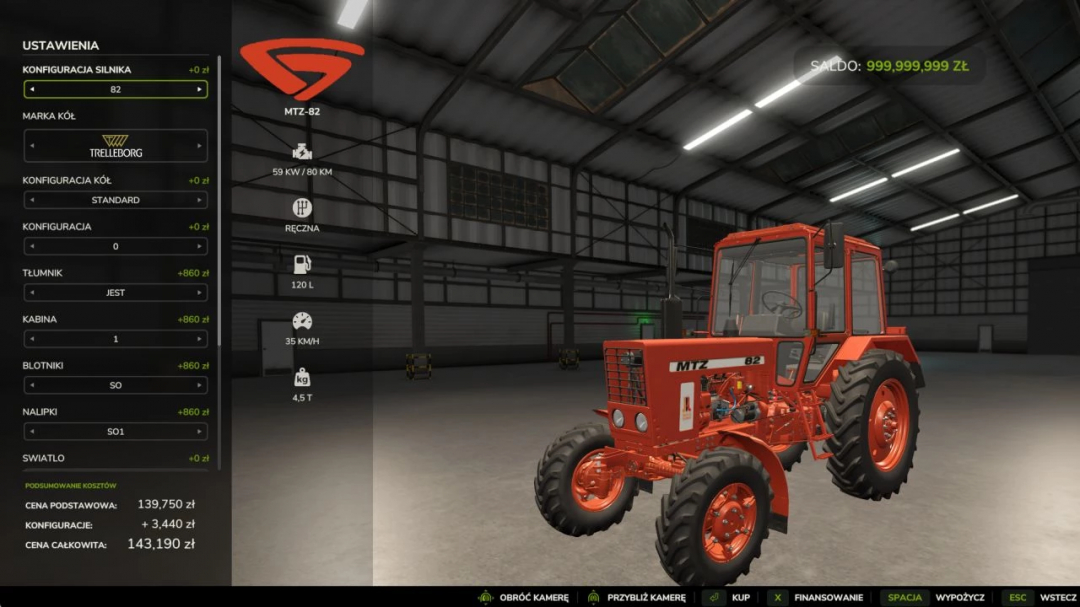 MTZ 82 ULEP tractor mod in FS25, showcasing customization options on screen.