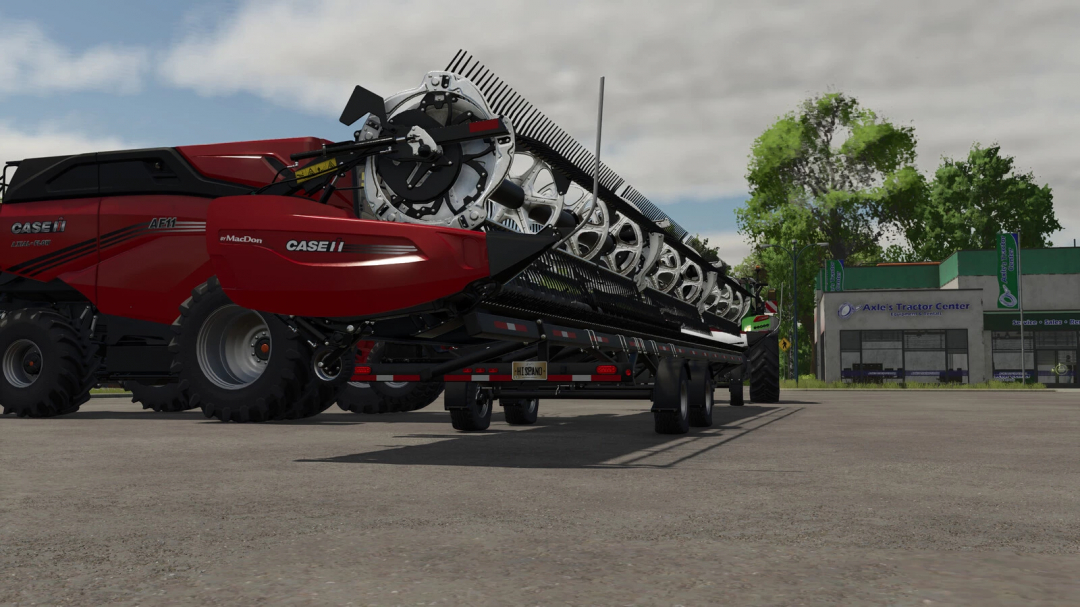 FS25 MacDon FD2 and Demco Trailer Pack in front of Axle's Tractor Center