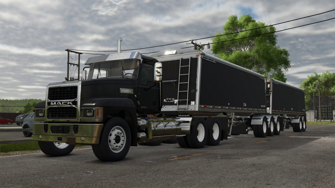 Mack Pinnacle 6x4 truck mod in FS25, showcasing a black semi-truck with dual trailers on a rural road.