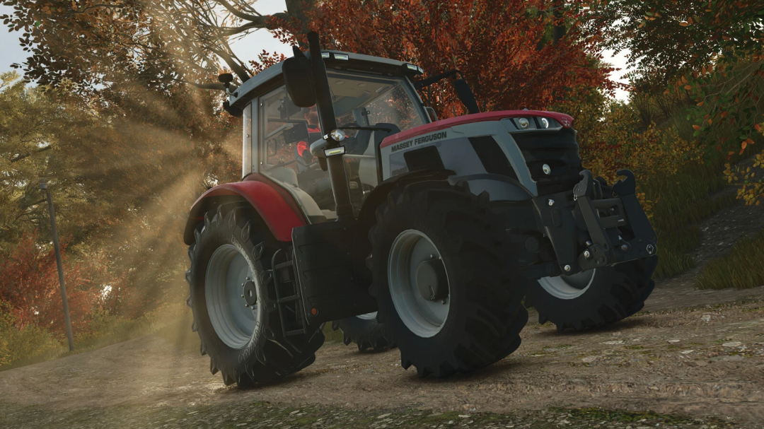 Massey Ferguson Series 6S tractor driving on a dirt path in FS25 mod. Sunlight filters through autumn trees.