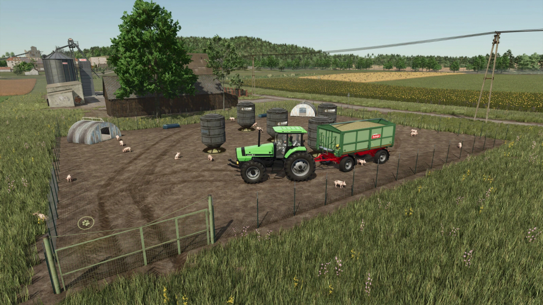 FS25 mods: Modular Pig Pen with tractor and piglets in Farming Simulator 25.