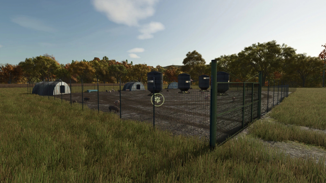 FS25 Mods Modular Pig Pen v1.0.0.0 showing a fenced area with pig shelters and feed bins.