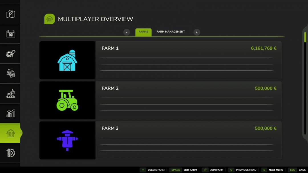 FS25 More Farms v1.0.0.0 mod showing multiplayer overview with three farms listed and their budgets.