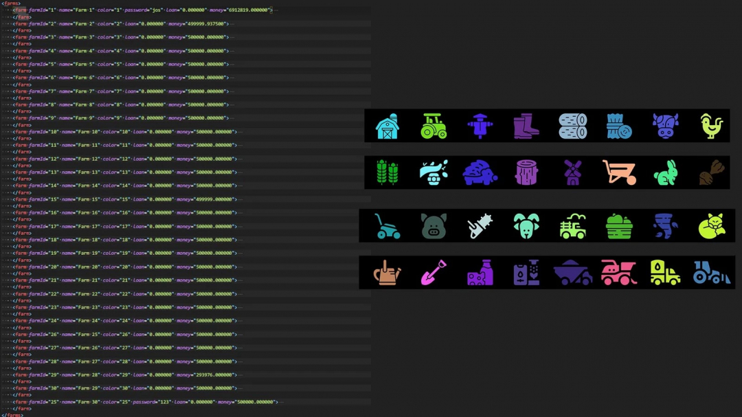 FS25 More Farms v1.0.0.0 mod features farm IDs and colorful farm icons.