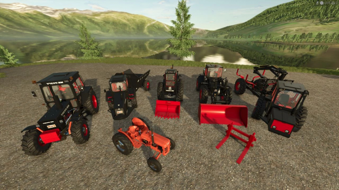 FS25 mods: Various Volvo tractors and attachments from MrB Volvo Pack Edit v1.0.0.0 in a scenic landscape.