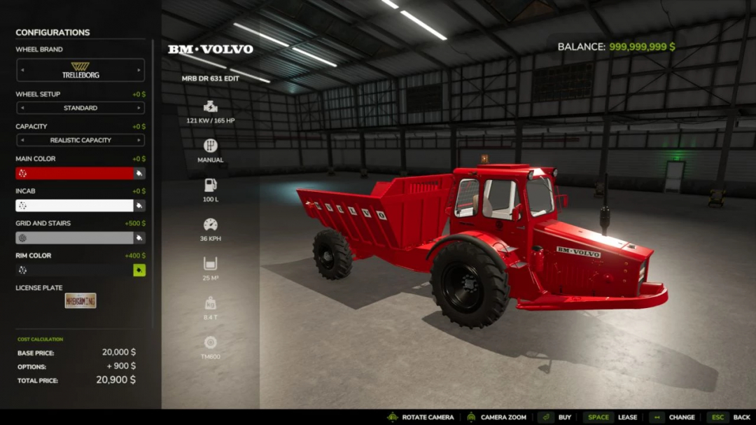 FS25 mods: MrB Volvo Pack Edit v1.0.0.0 showcasing a red Volvo BM vehicle with customizable options in a virtual garage.