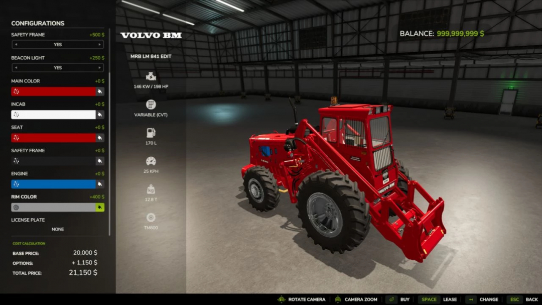 FS25 mod image showing MrB Volvo Pack Edit v1.0.0.0 configuration menu with a red Volvo BM tractor.