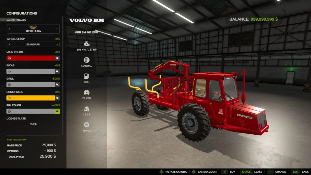 FS25 mods showcase the MrB Volvo Pack Edit v1.0.0.0, featuring a detailed Volvo BM vehicle customization screen in Farming Simulator 25.