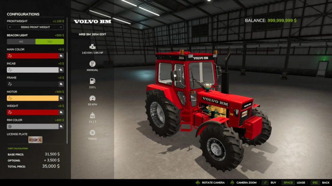 FS25 mods showing MrB Volvo Pack Edit v1.0.0.0 with configuration options and tractor in a garage.