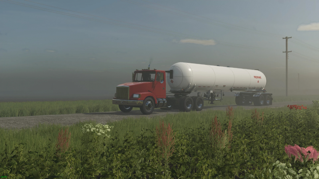 Red truck with NV25 Tanker Trailer mod in FS25, driving on rural road.