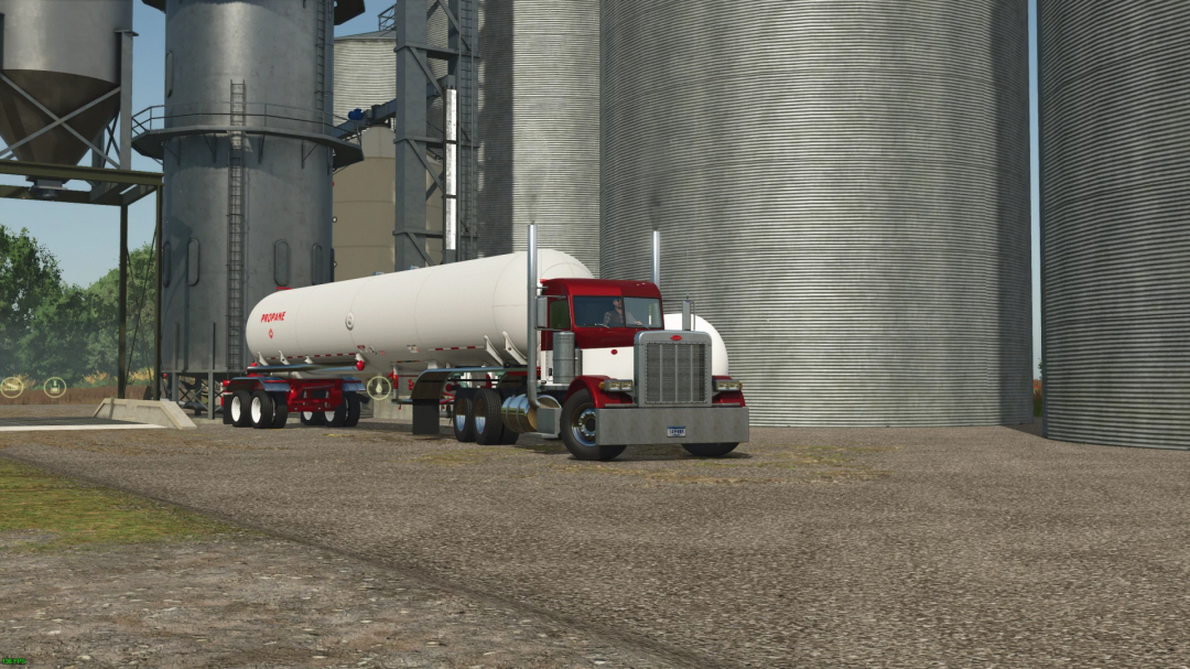 FS25 mods image showing NV25 Tanker Trailer v1.0.0.0 near large silos in Farming Simulator 25.