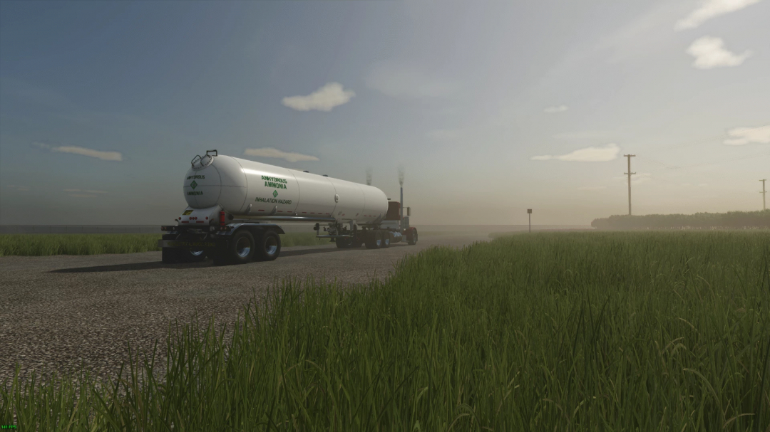 NV25 Tanker Trailer mod in FS25, showing a tanker on a rural road with grass fields.