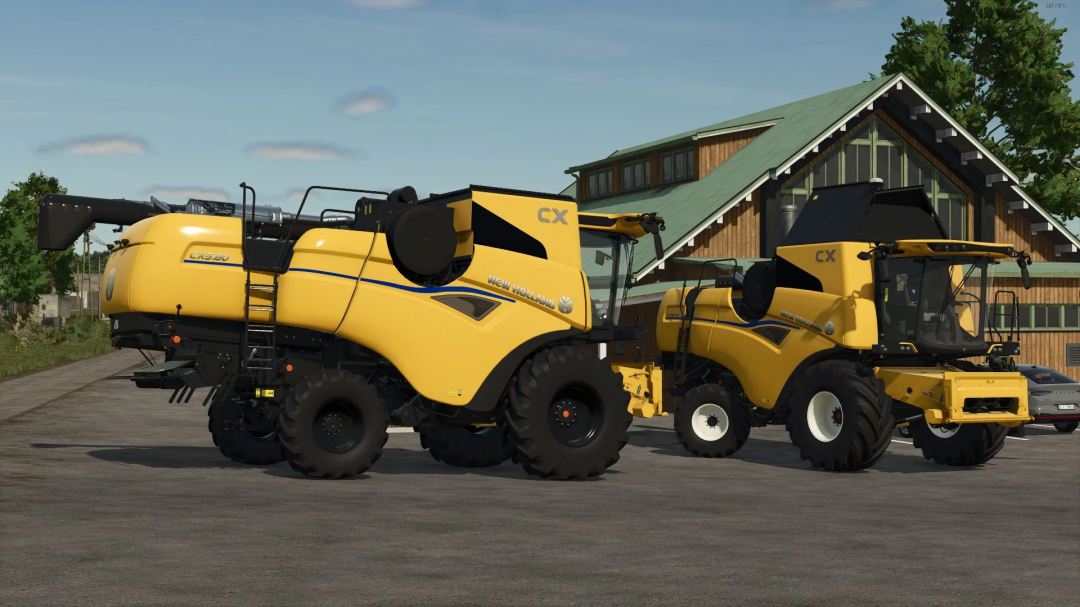 New Holland CX 5/6 Pack 2025 mod in Farming Simulator 25, featuring two yellow harvesters parked near a barn.