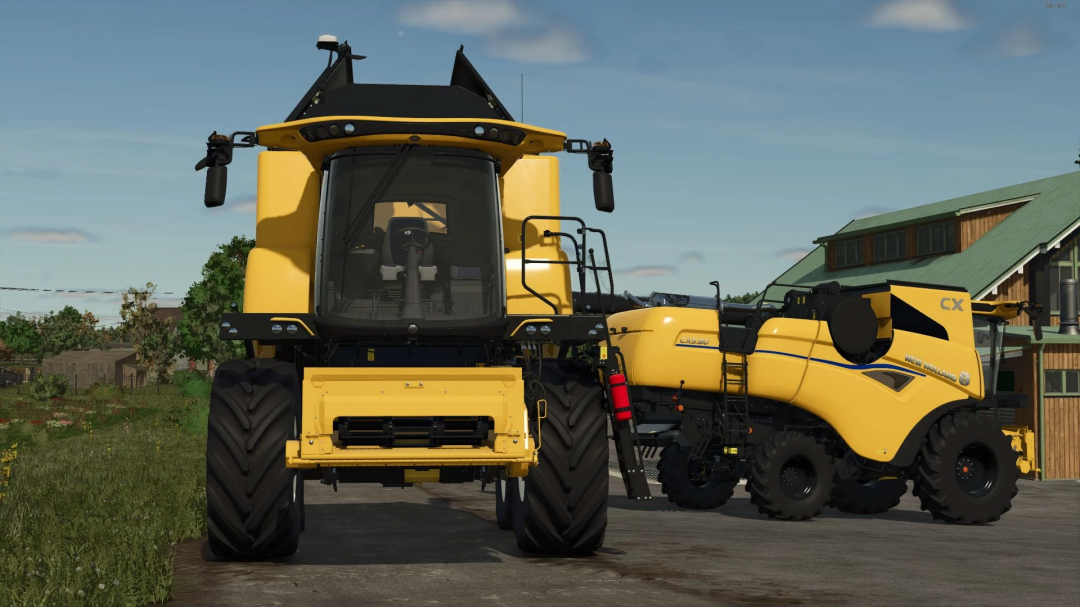 New Holland CX 5/6 Pack 2025 harvester mod in FS25, showcasing detailed vehicle design, farm scenery in background.