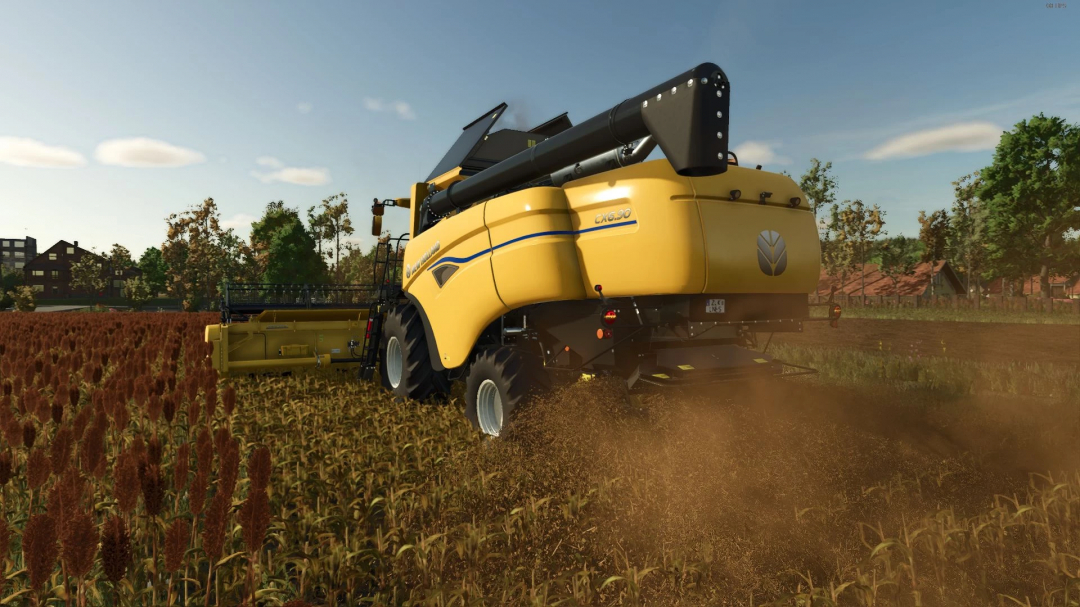 New Holland CX 5/6 harvester operating in a field in FS25 mod.