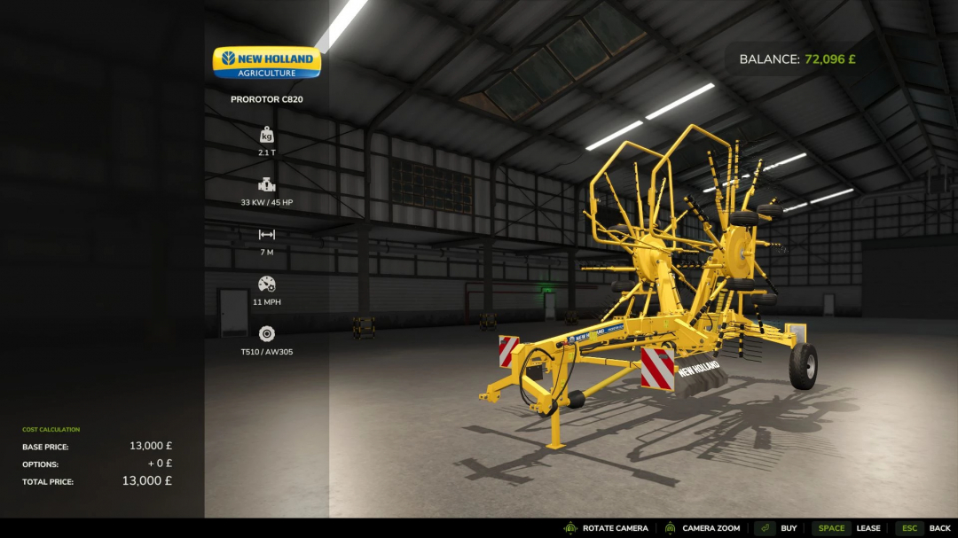 New Holland Prorotor C820 in FS25 mod menu, showing specifications and pricing.