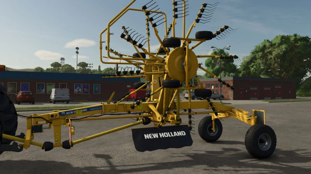 New Holland Prorotor C 820 mod in Farming Simulator 25, showcasing yellow agricultural equipment in a parking lot.