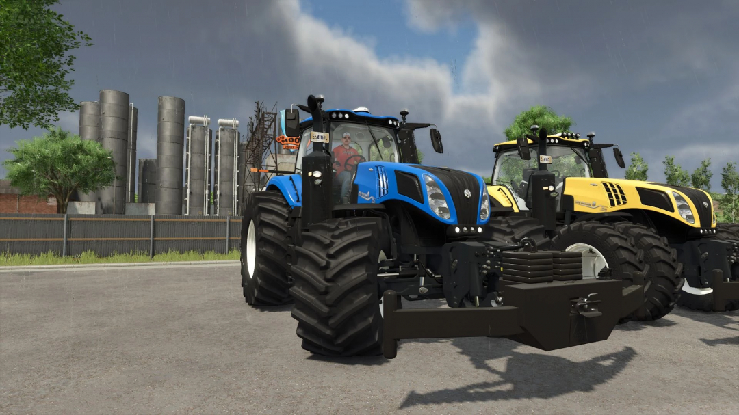 New Holland T8 Genesis Series tractors in FS25 mod with farming silos in the background.