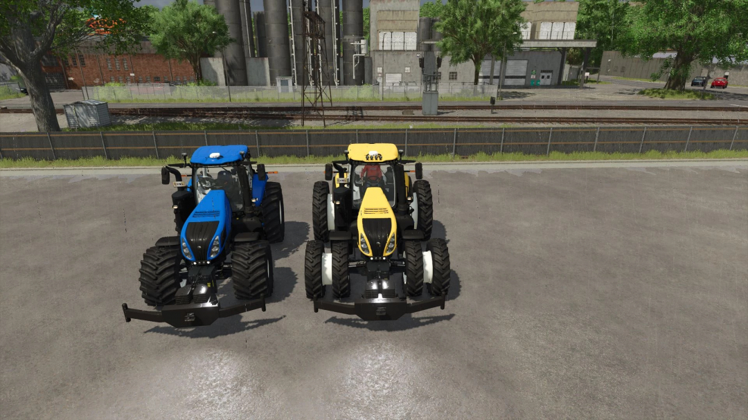 New Holland T8 Genesis Series tractors mod for Farming Simulator 25, showcasing a blue and yellow tractor parked side by side.