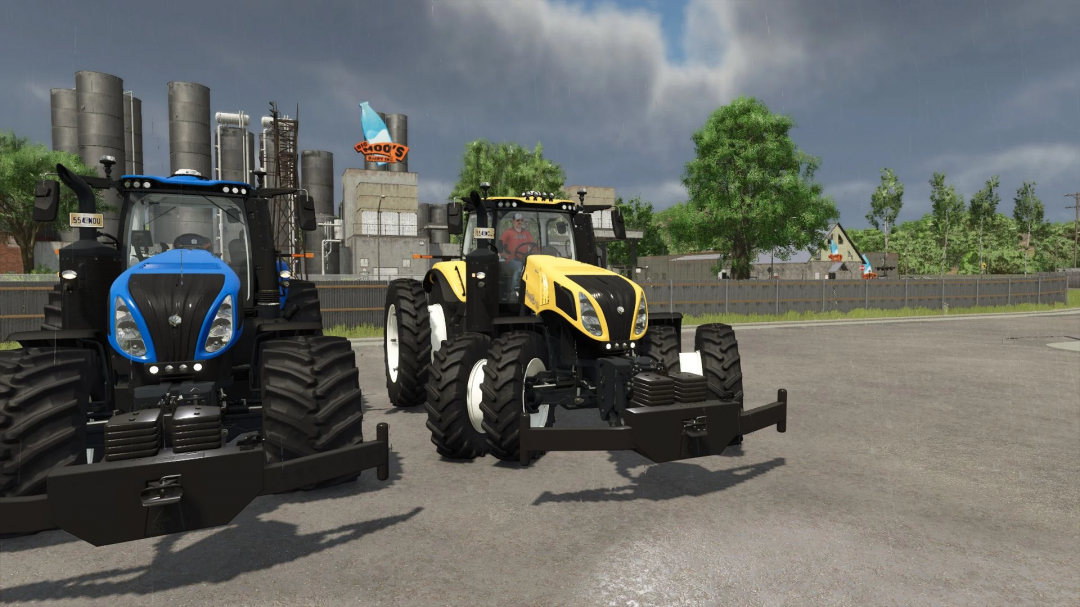 Two New Holland T8 Genesis Series tractors from FS25 mods parked on a virtual farm under cloudy skies.