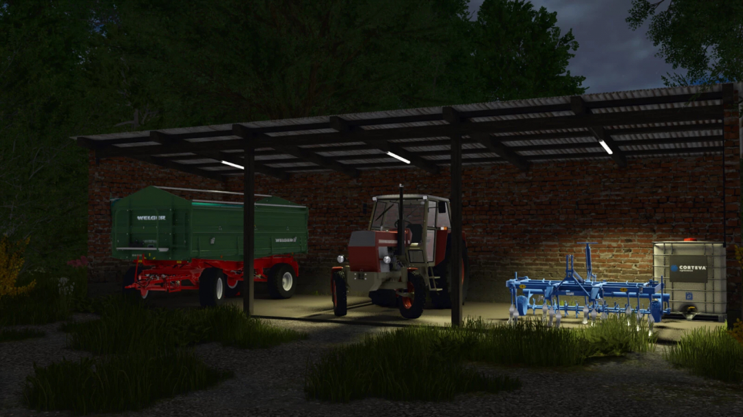 Old Shed Pack v1.0.0.0 mod for FS25 featuring a vintage tractor and equipment under a shed in Farming Simulator 25.