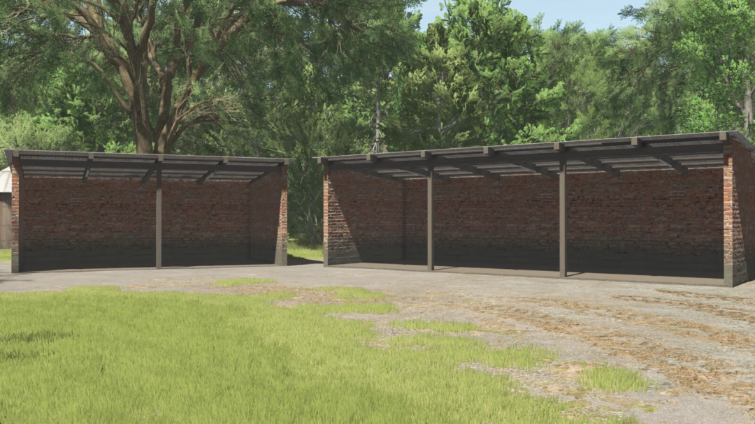 Old Shed Pack v1.0.0.0 mod for FS25 features rustic brick sheds in a grassy area, enhancing realism in Farming Simulator 25.