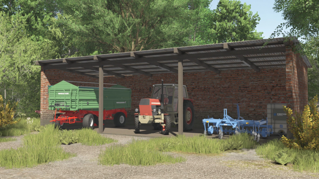 Farming Simulator 25 Old Shed Pack mod showing a rustic brick shed with farm equipment, including a tractor and trailer.