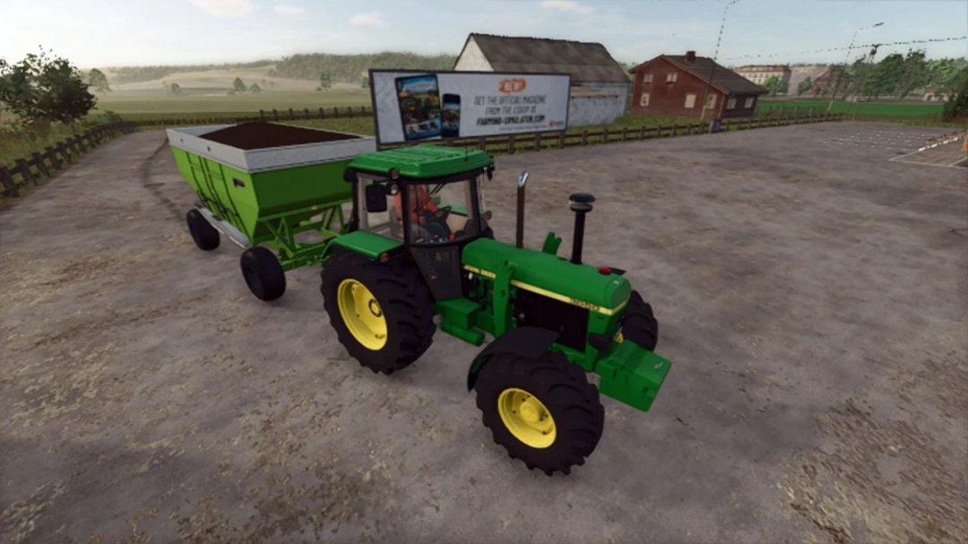 Green tractor with Parker 4000 Gravity Wagon mod in FS25 on a farm road.