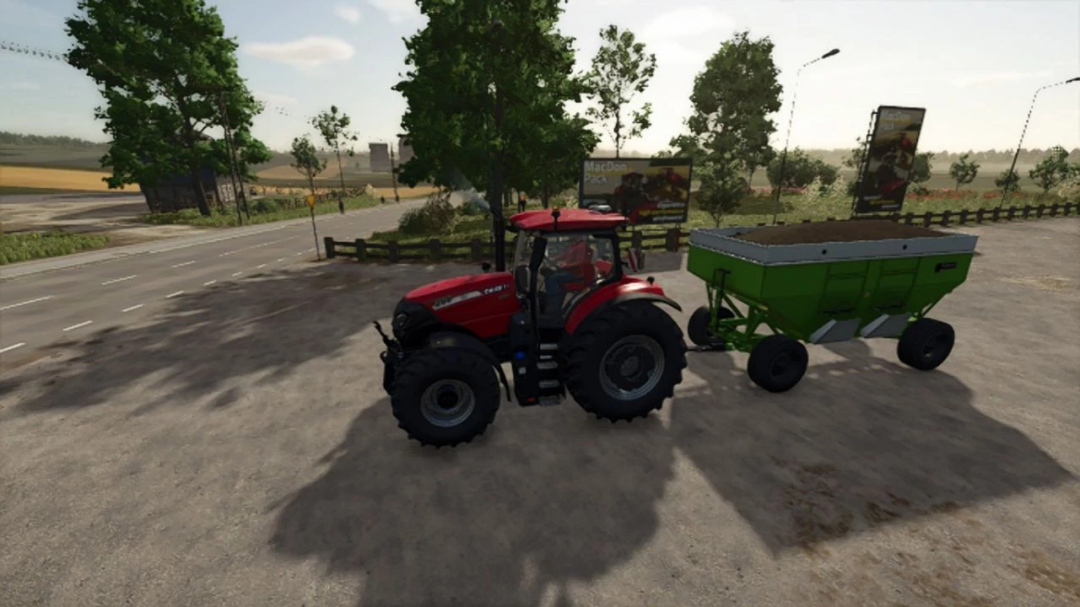 Red tractor with Parker 4000 Gravity Wagon mod in FS25 on a rural road.