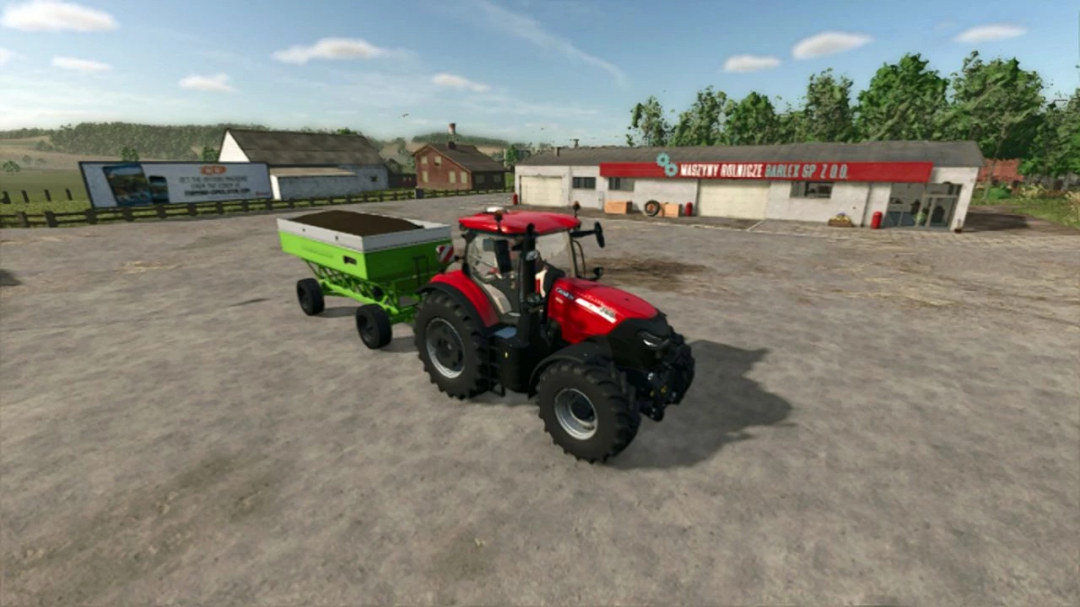 FS25 mod Parker 4000 Gravity Wagon v1.0.0.0 attached to a red tractor in a farmyard.