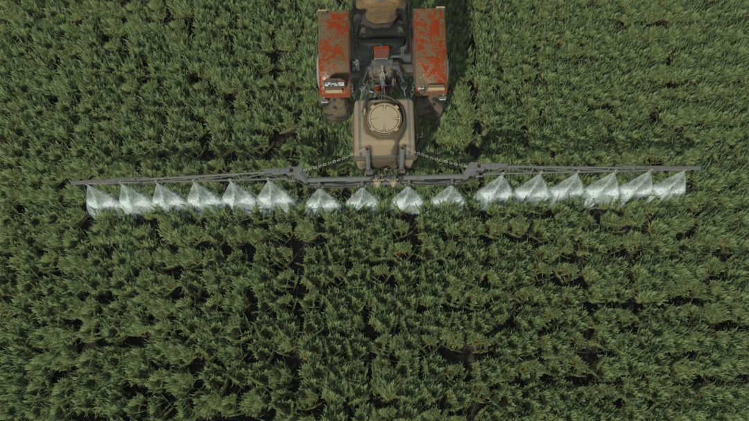 FS25 mod Pilmet P-031 Termit 303 spraying crops from above view, enhancing Farming Simulator 25 gameplay.