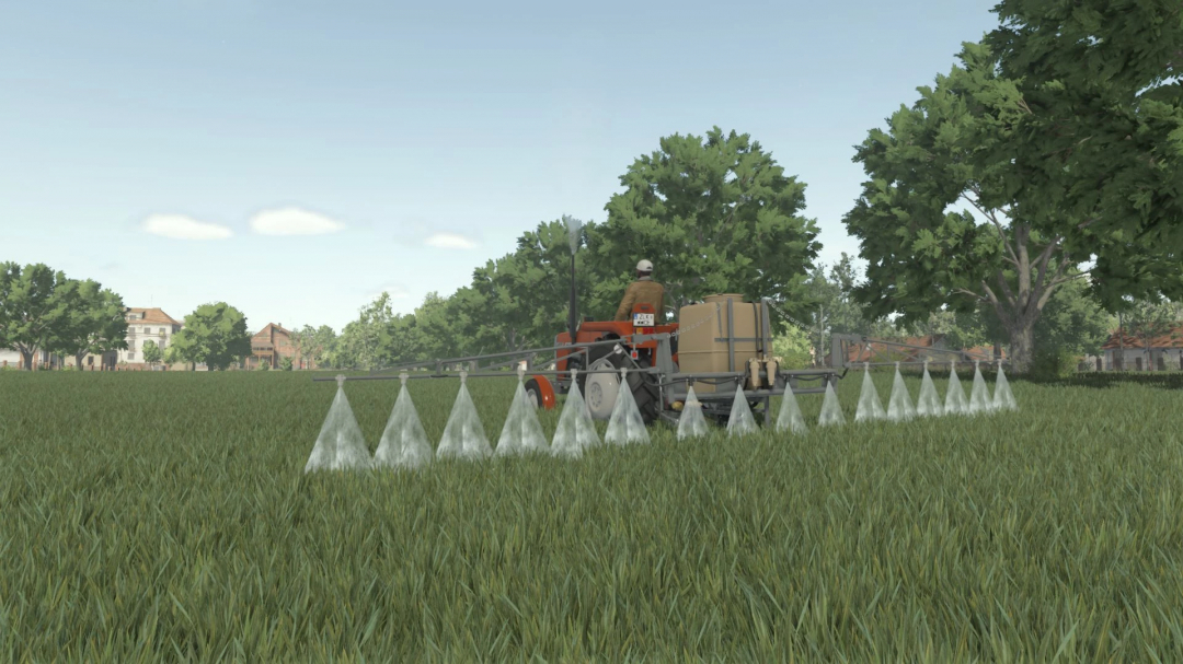 FS25 mod Pilmet P-031 Termit 303 in field, spraying crops in Farming Simulator 25.