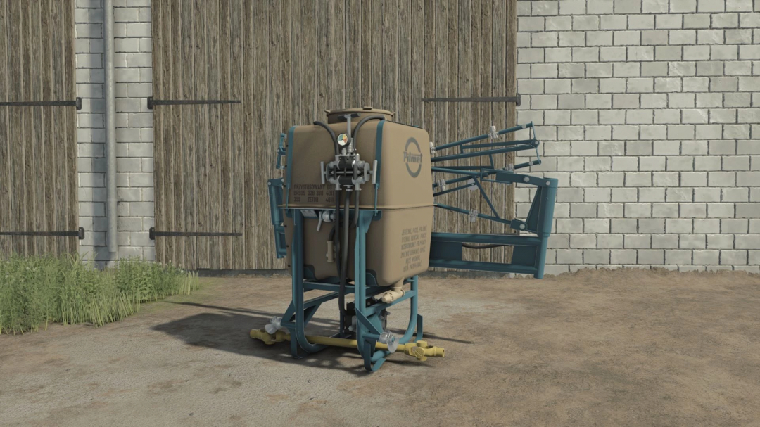 Pilmet P-031 Termit 303 mod for Farming Simulator 25, featuring a beige and blue sprayer against a brick wall.