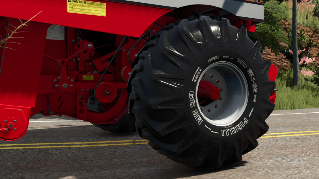 Pirelli-Lizard MB39 tires on red machinery in FS25 mod.