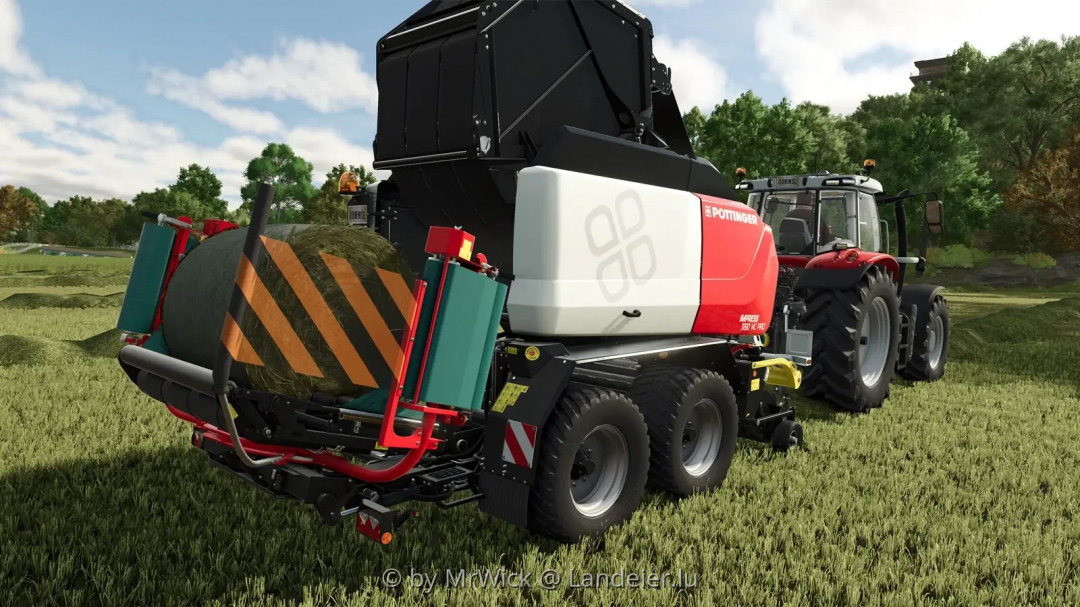 Poettinger Impress 3190 VC PRO LE-Edition baler in FS25 mod, featuring hay baling on a grassy field.