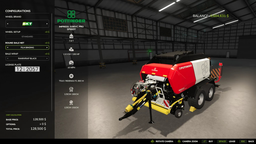 FS25 mods in-game screen of Poettinger Impress 3190 VC PRO Speedy showcasing configurations and specifications.