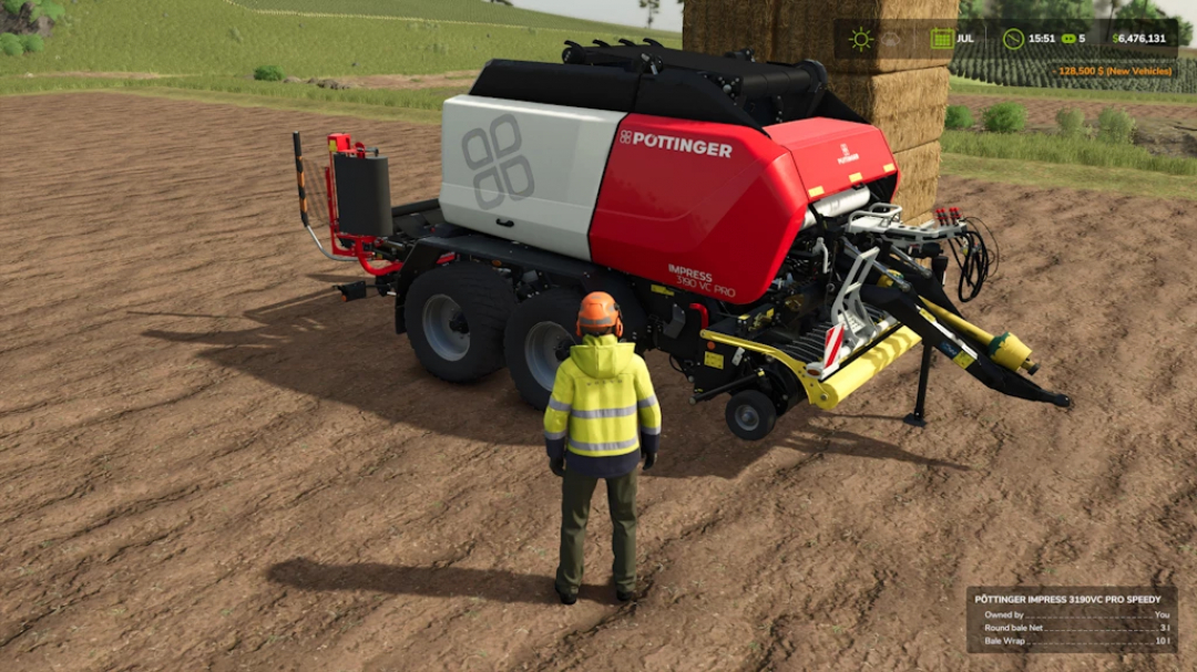 FS25 mods: Poettinger Impress 3190 VC PRO Speedy in Farming Simulator 25, depicted with a farmer on a field.