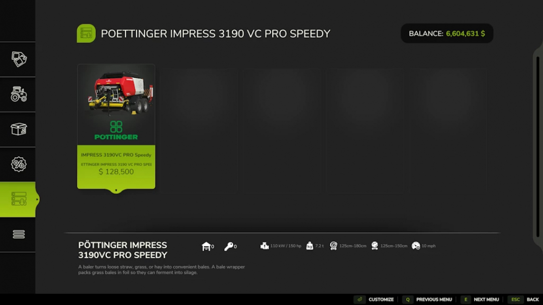 FS25 mod Poettinger Impress 3190 VC PRO Speedy displayed in Farming Simulator 25 shop interface, priced at $128,500.