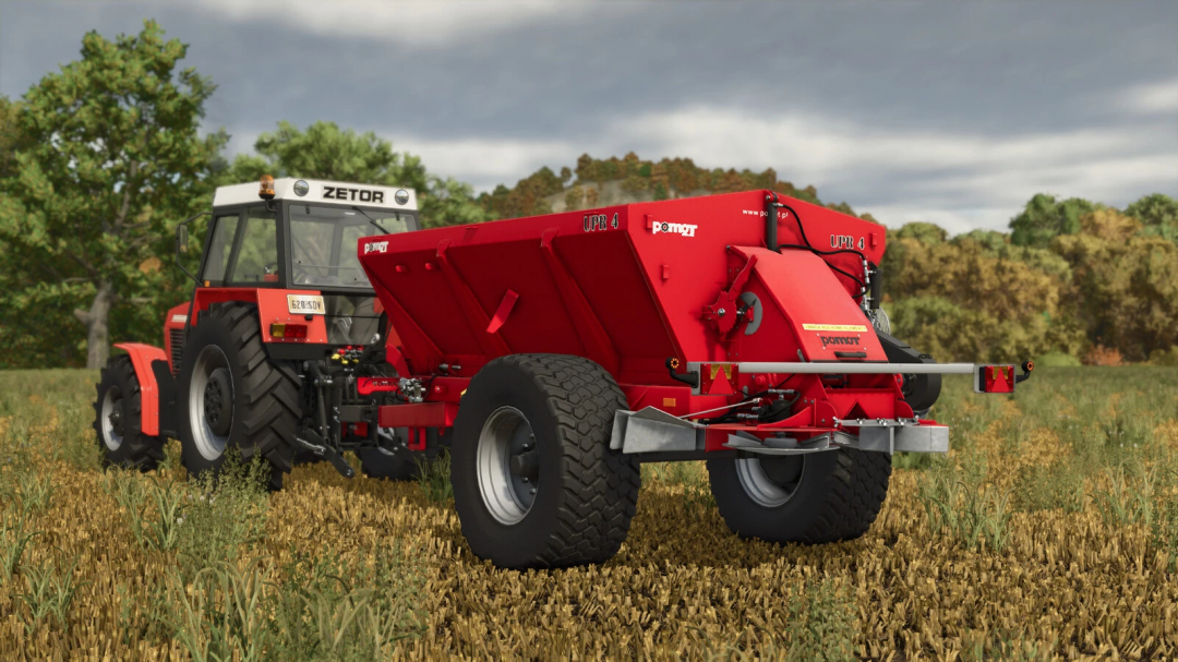 Pomot UPR 4 v1.0.0.0 mod for Farming Simulator 25, featuring a red agricultural trailer in a field.