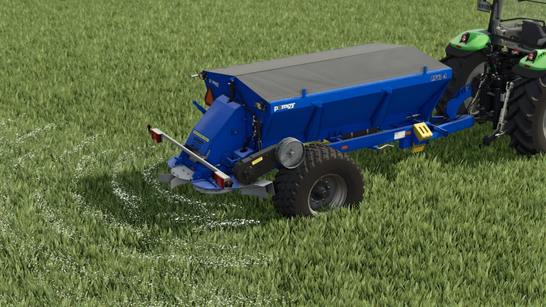 Pomot UPR 4 v1.0.0.0 mod in FS25, a blue fertilizer spreader attached to a tractor, operating in a lush green field.