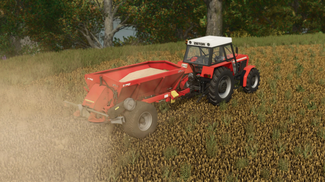 FS25 mod Pomot UPR 4 v1.0.0.0, red fertilizer spreader attached to a tractor, spreading fertilizer on a field.