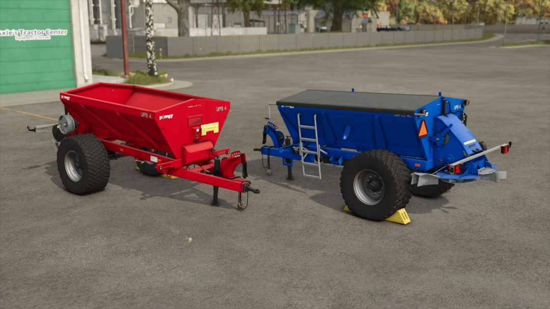 Pomot UPR 4 trailers in red and blue for FS25 mods, shown at a dealership.