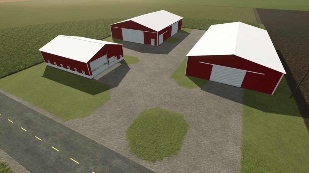 FS25 mod showcases three red barns on Prairie Farm Michigan map.