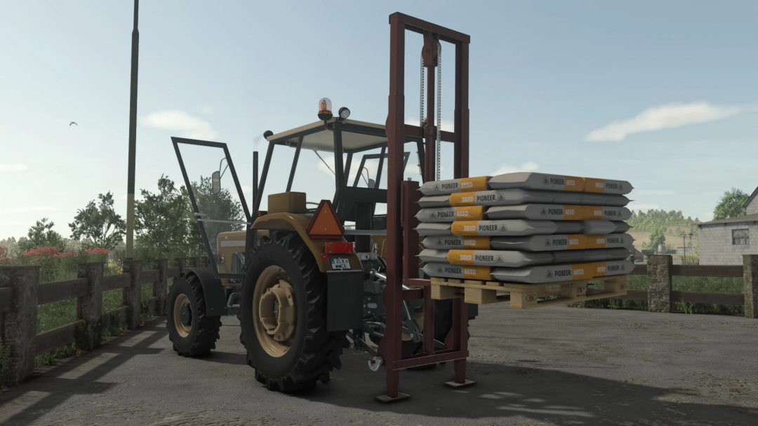 Tractor with rear forklift carrying seed pallets in FS25 mods, Rear Tractor Forklift Pack v1.0.0.0.