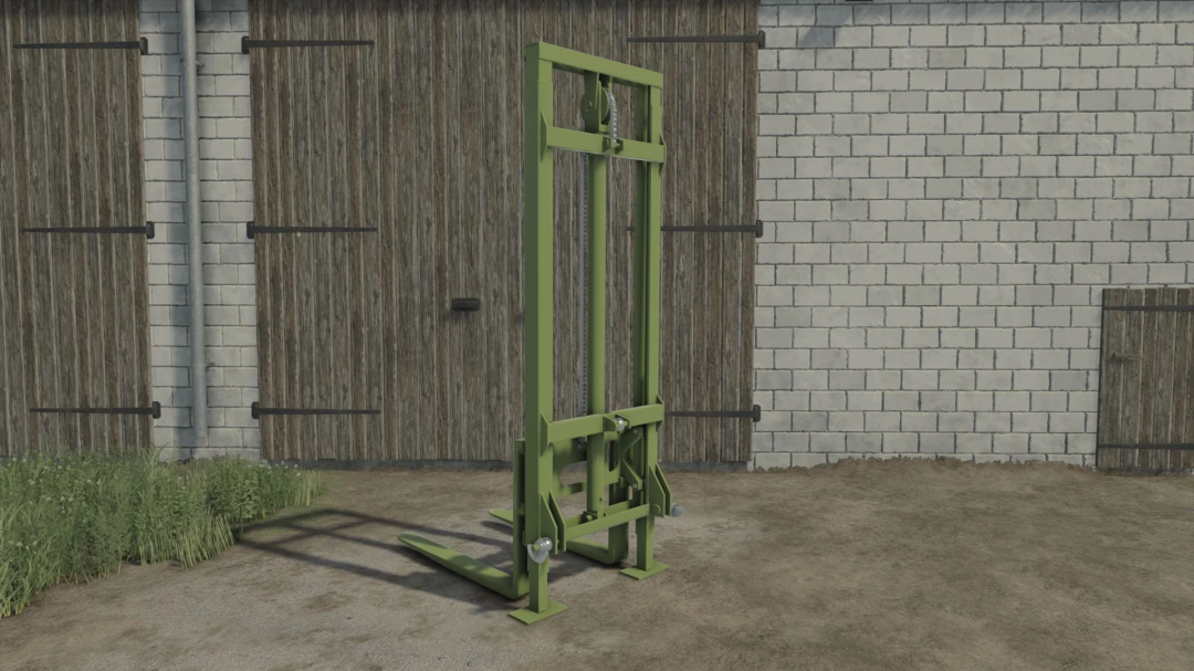 Rear Tractor Forklift from FS25 mods shown outside a barn wall in Farming Simulator 25.