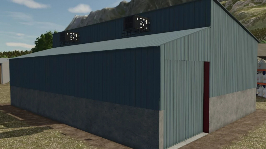 Refrigerated building mod in FS25 shows a large blue and gray metal structure with cooling units on the roof.