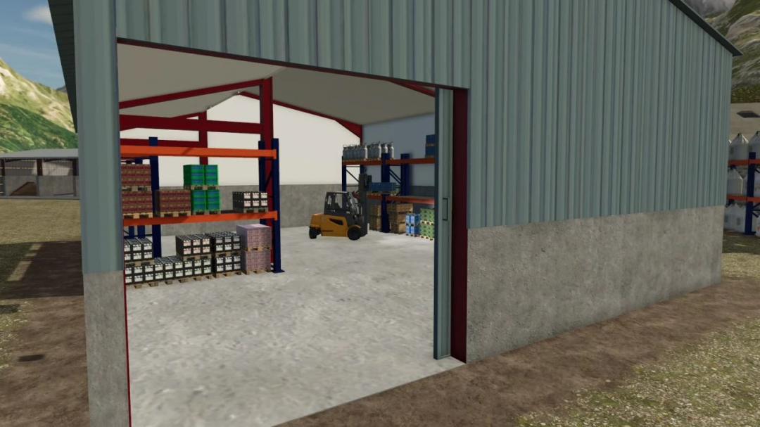 Refrigerated building mod in FS25 showing storage shelves and a forklift.