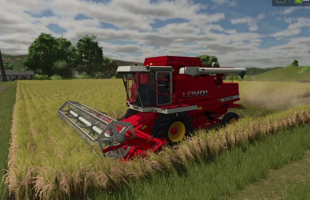 FS25 mod Rice harvester LOVOL GK120PRO v1.0.0.0 in a rice field, showcasing farming simulator equipment.